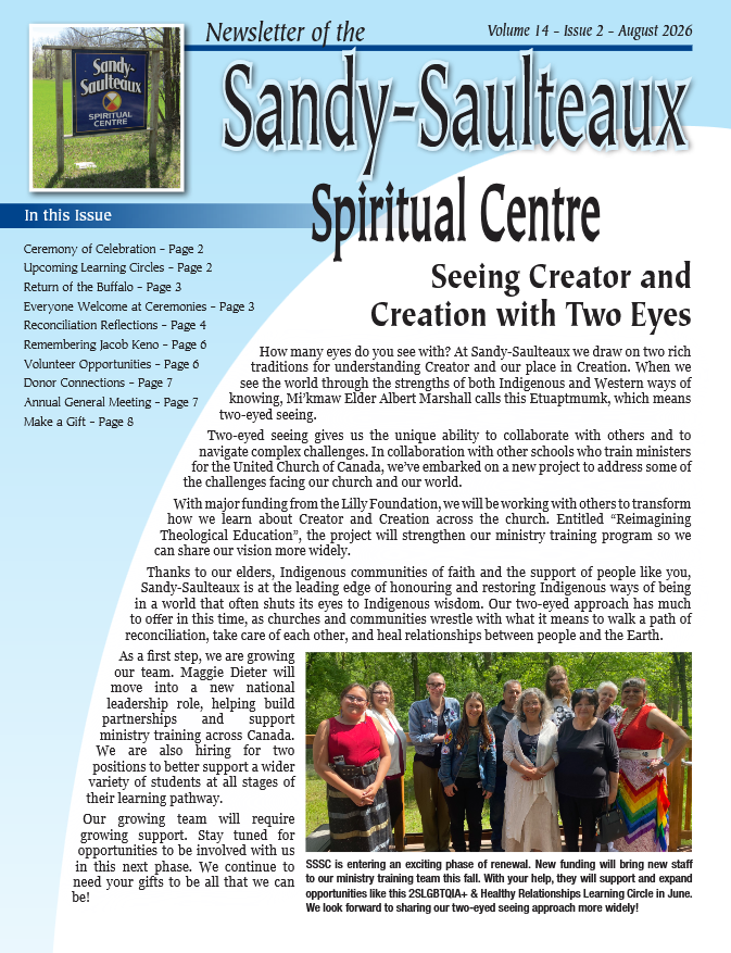 screen shot of front page of newsletter PDF, showing table of contents and story on "Seeing Creator and Creation with Two Eyes"
